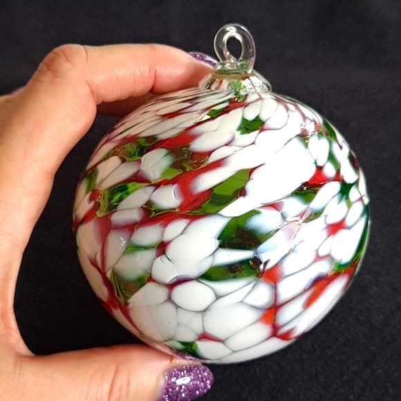 Hand Blown Red, White, & Green Glass Friendship Ball Ornament - Picture 3 of 4